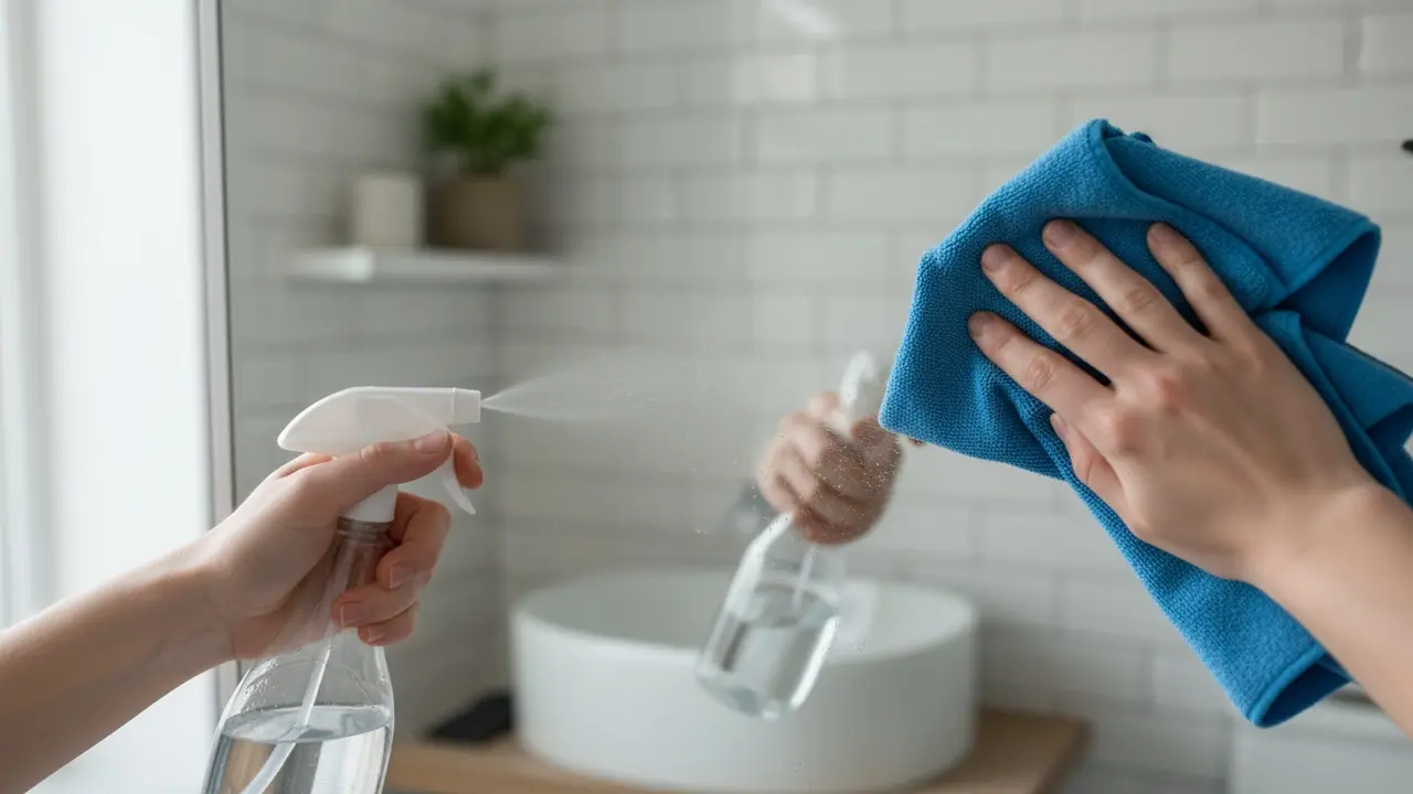 Hænder sprayer glasrens på en mikrofiberklud og pudser spejlet i S-bevægelser