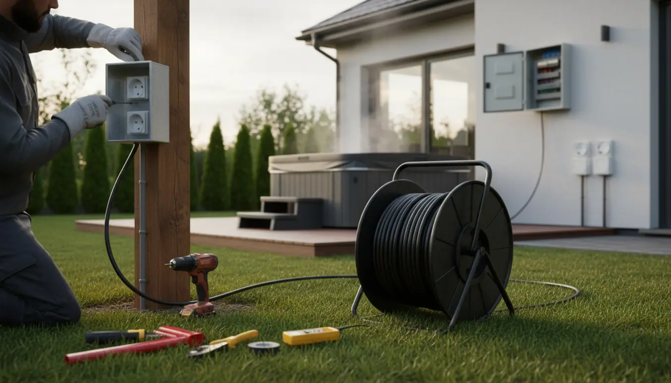 Elektriker monterer et udendørs 400V-stik og et 230V-stik ved et spa med kabelrulle og værktøj i haven.