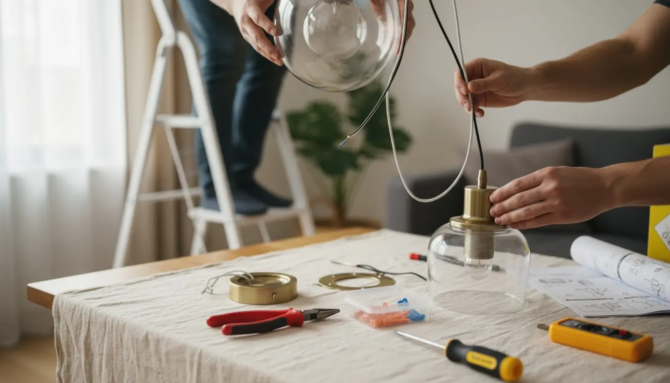 En håndværker afmonterer en gammel loftslampe, mens en ny lampe og værktøj ligger klar på et bord.