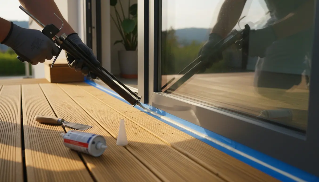 Hænder påfører fuge langs samlingen mellem ny terrasse og terrassedør med fugepistol.