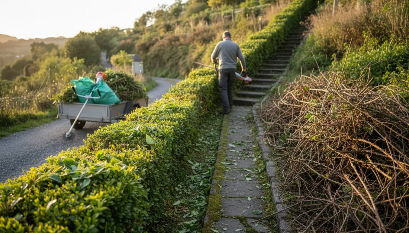 En arbejder klipper hæk i en stejl kolonihave med opsamlet hækaffald ved vejkanten.