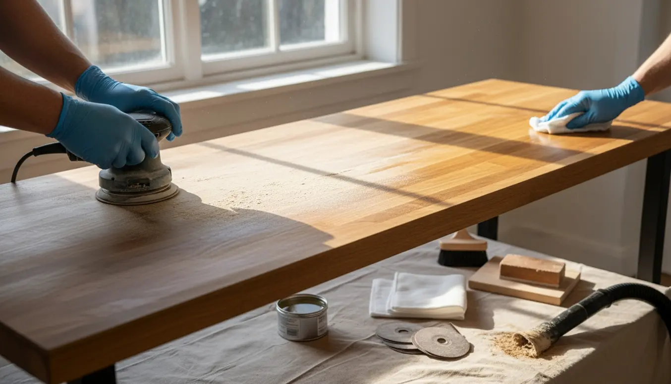 Slibning og første oliering af et massivt trækøkkenbord med værktøj og hænder i naturligt lys.