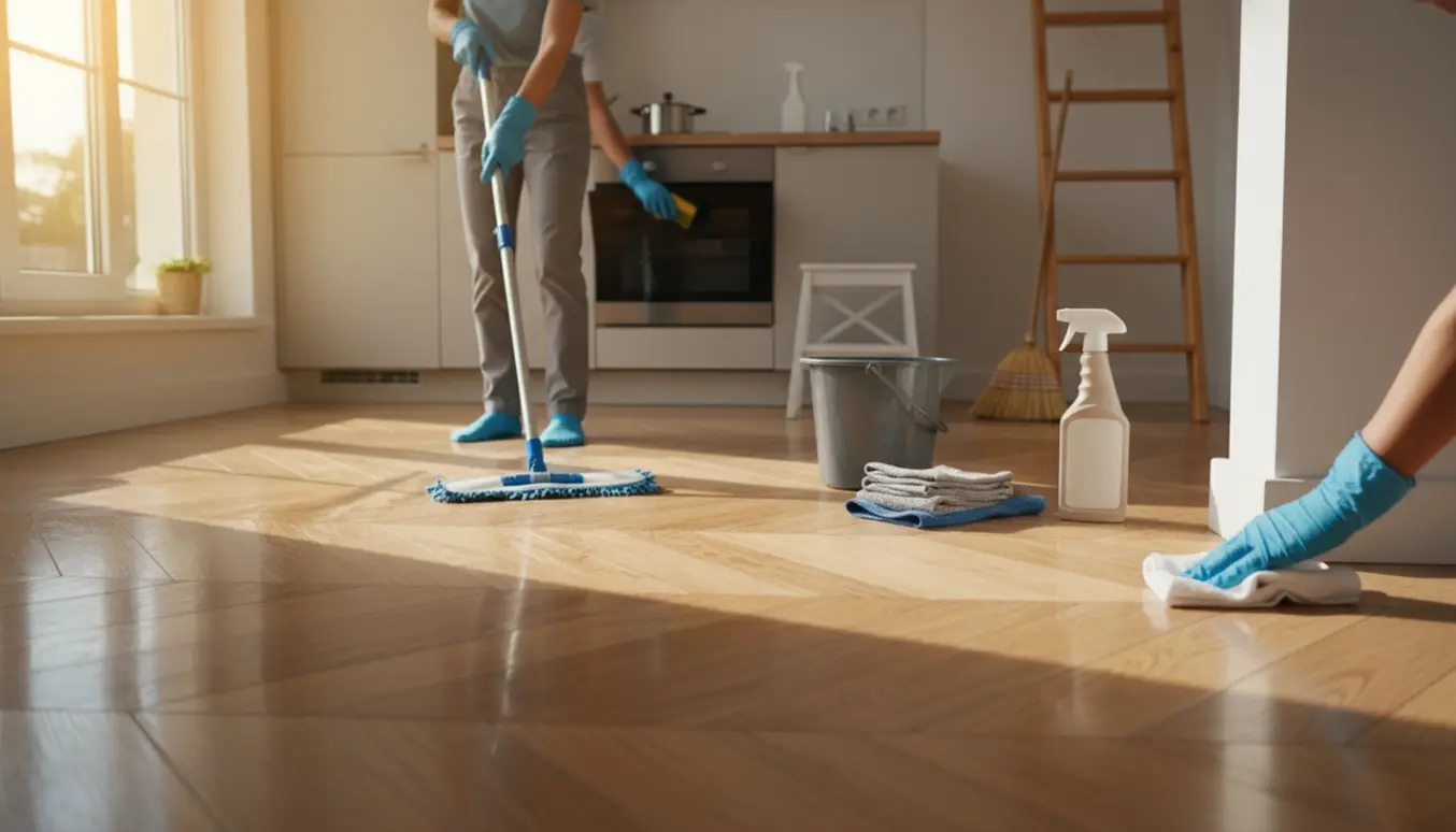 Hænder vasker gulv og aftørrer lister i en lys lejlighed med åben ovn og rengøringsudstyr.