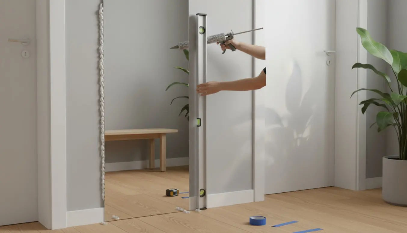 Installation af et højt, smalt spejl i en entré mellem to døre med værktøj og naturligt lys.