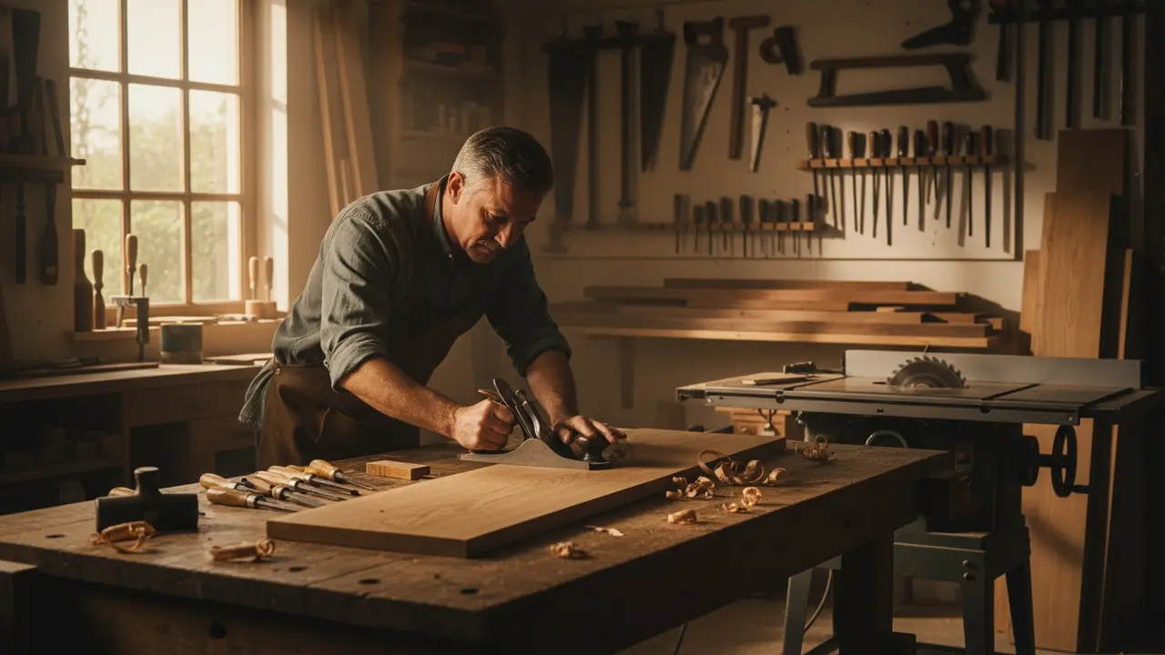 Snedker arbejder med håndværktøj ved et træbord i værkstedet