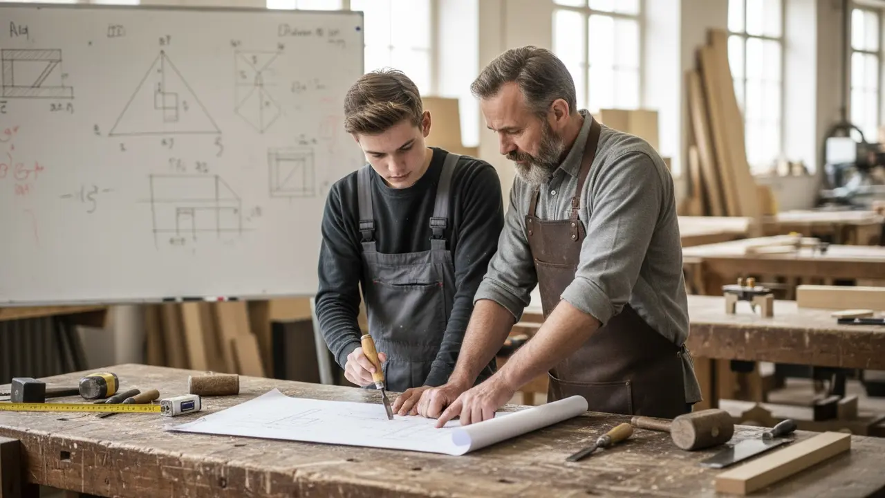 Lærling får vejledning af erfaren snedker ved arbejdsbænk