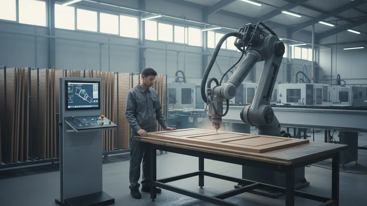 CNC-maskine og operatør i moderne snedkeriproduktion