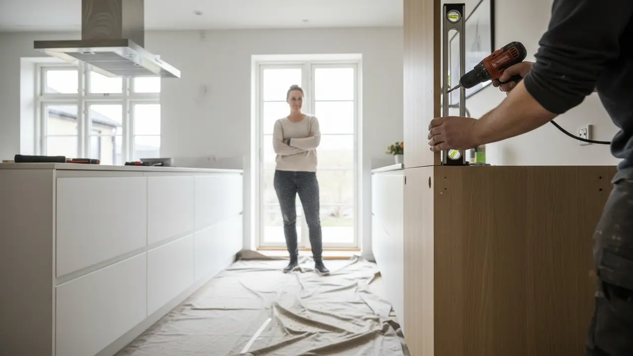 Snedker monterer indbyggede skabe i køkken med måleværktøj