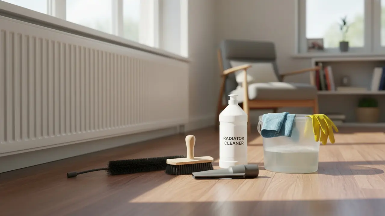 Rengøringsudstyr ved en hvid radiator: børste, kost, støvsugermundstykke, mikrofiberklud og spand.