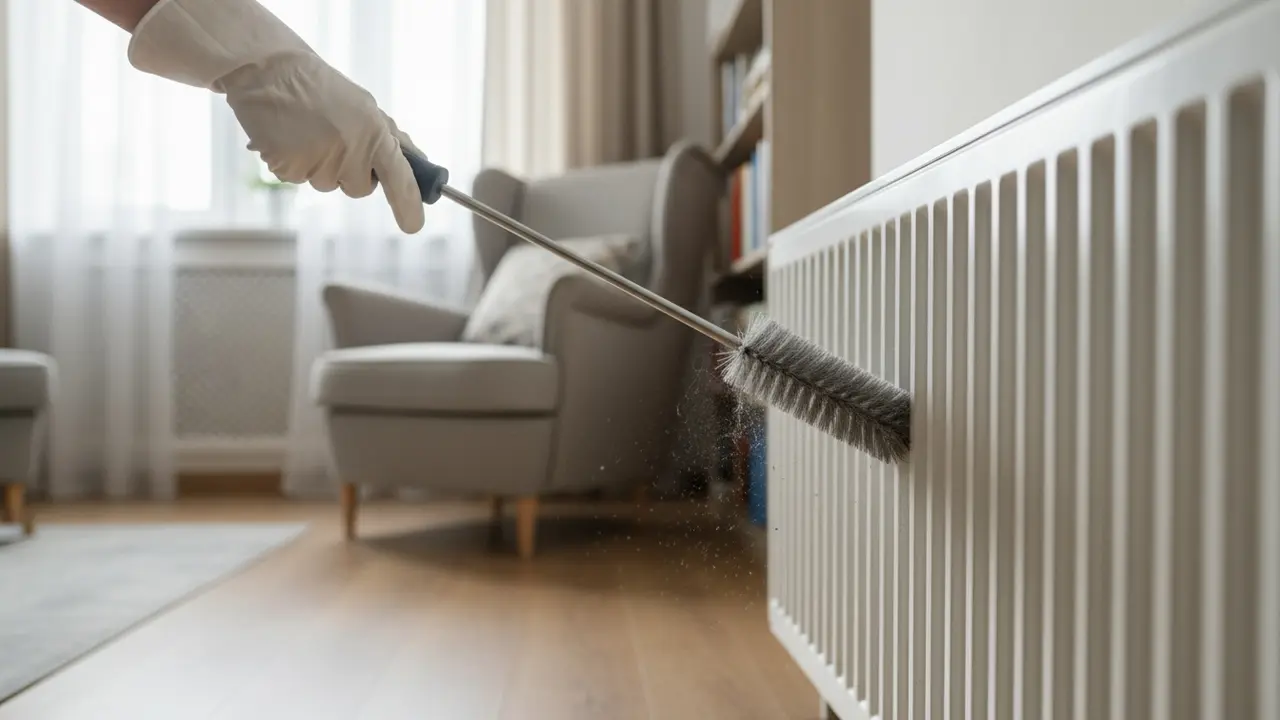 Person bruger radiatorbørste mellem radiatorens ribber for at fjerne støv.