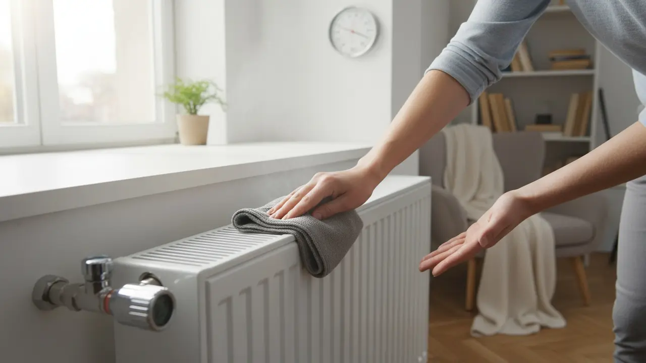Person tørrer radiator med tør klud og kontrollerer varmen efter rengøring.