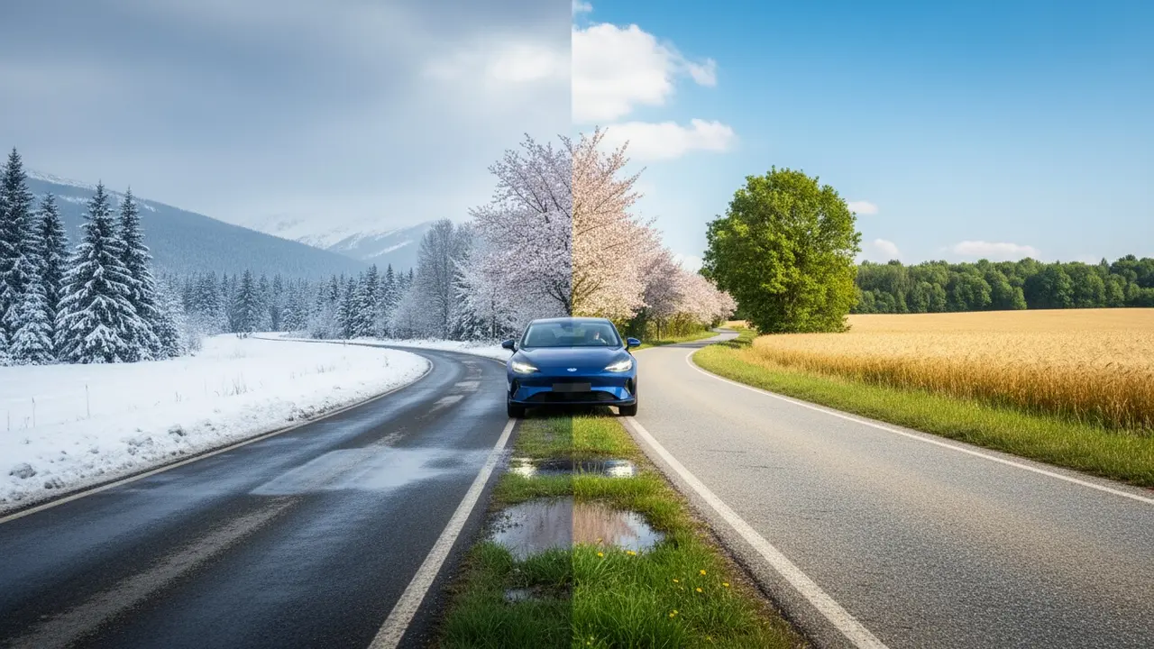 Bil kører på vej med tydelig overgang mellem vinter, forår og sommer