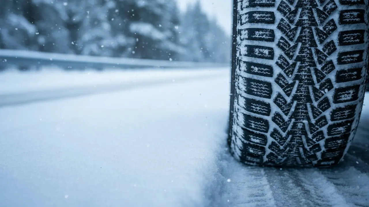 Nærbillede af vinterdæk med dybe mønstre i sne og is