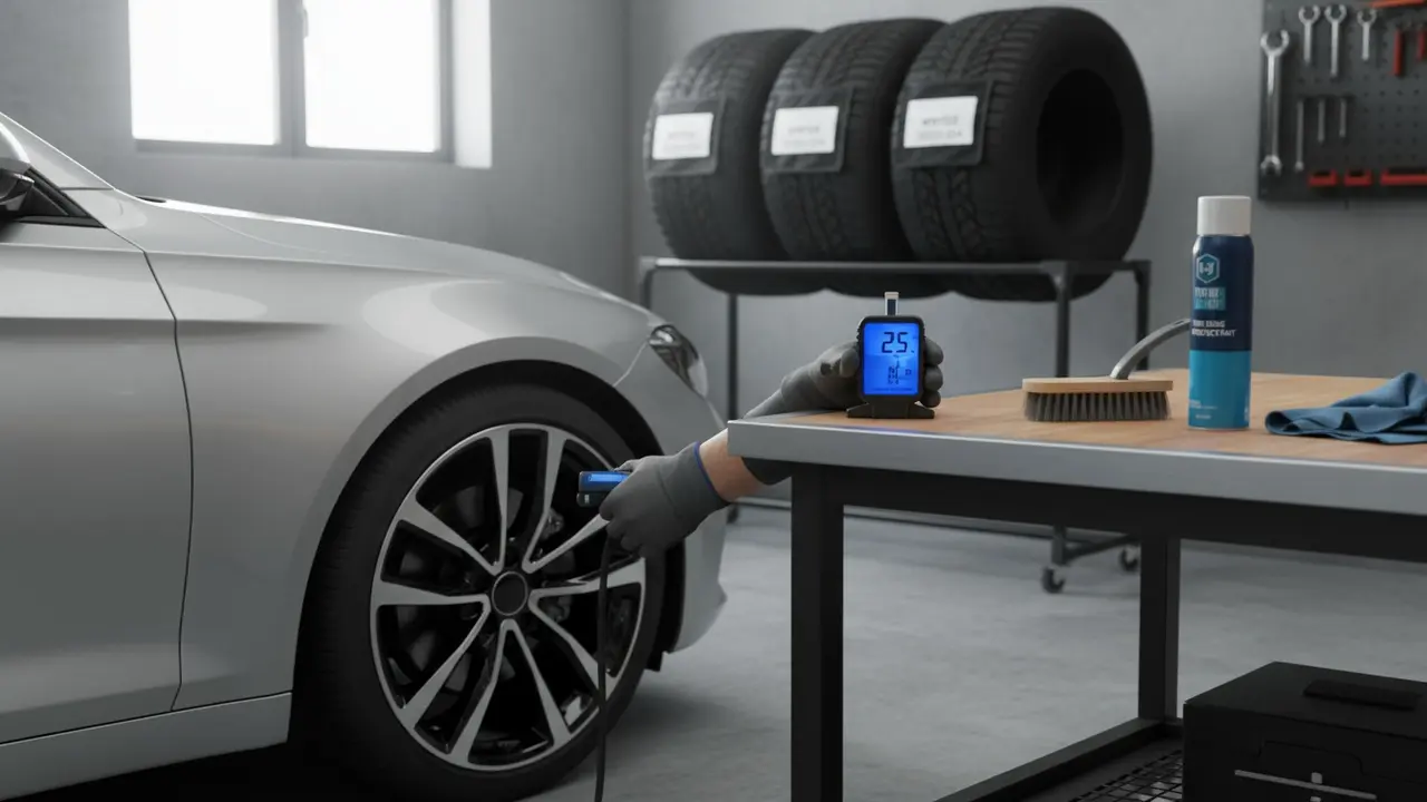 Person tjekker dæktryk i garage ved siden af pænt opbevarede dæk