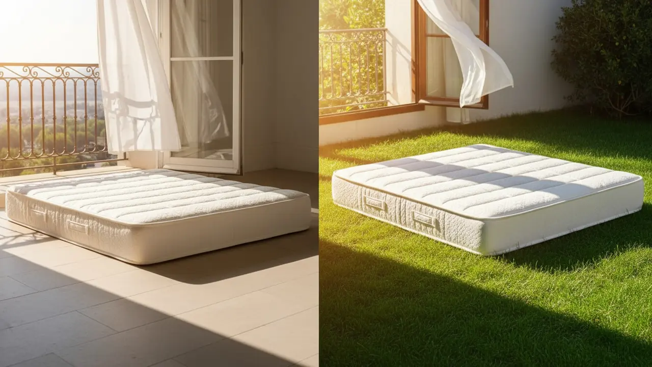 Madras udenfor i sollys på altan og græs, luftes og tørrer i frisk luft