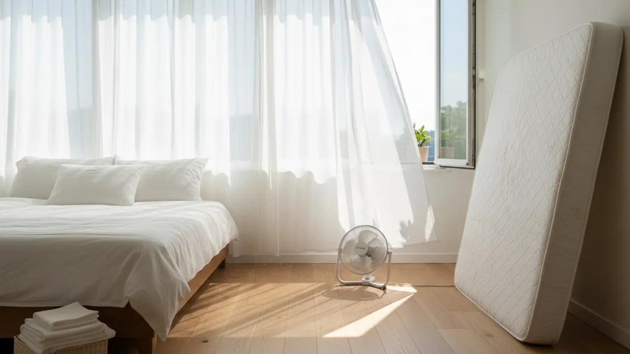 Madras opstillet ved åbent vindue med blafrende gardin og ventilator for bedre luftcirkulation
