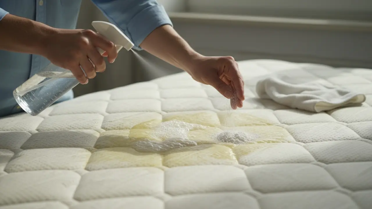 Nærbillede af hånd der sprayer eddike på gul plet og drysser natron på madrassen