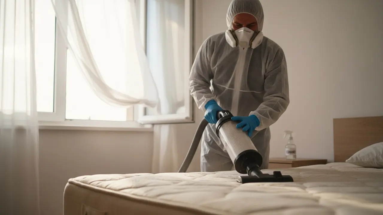 Person med maske og handsker støvsuger madras med støvsuger der har HEPA-filter, vindue åbent