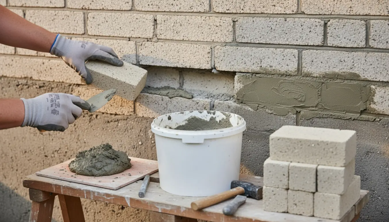 Nærbillede af udskiftning af sprækket kalksandstensmur med nye mursten, mørtel og værktøj ved soklen.