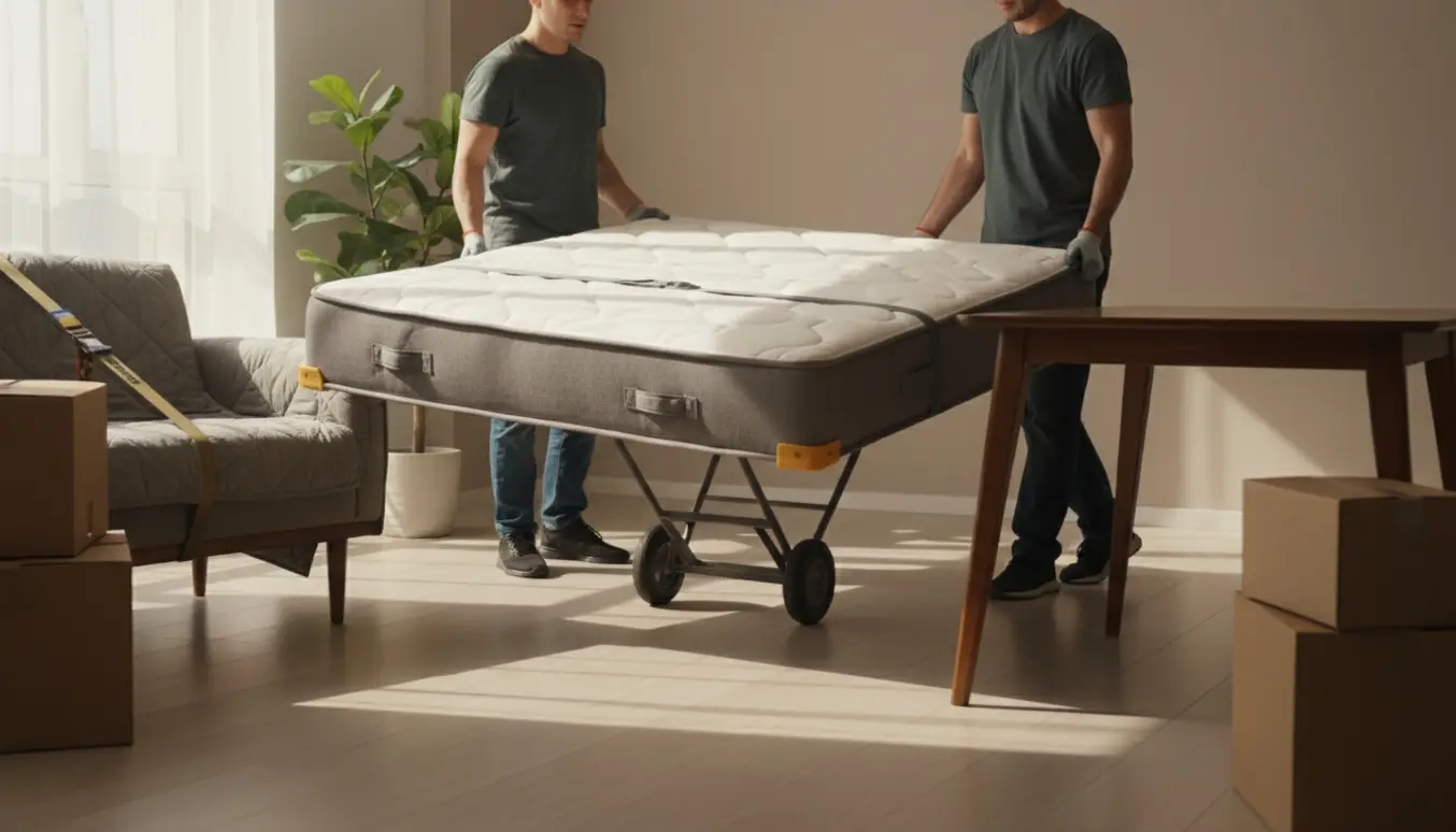 Flytning af seng, sofa og spisebord gennem en lys lejlighed med flyttetæpper og flyttekasser.