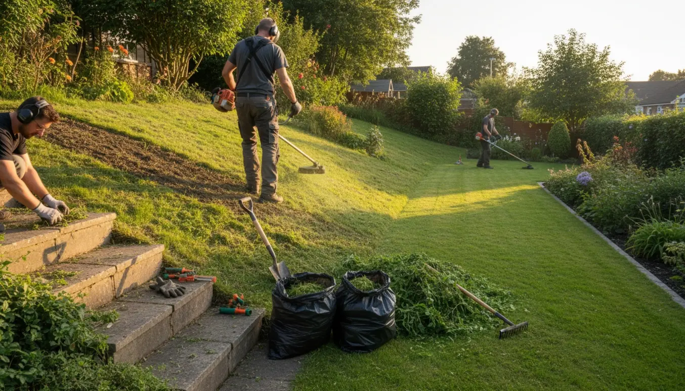 Baghave-skråning med buskrydder, lugning ved buske og trappe og fyldte affaldssække.
