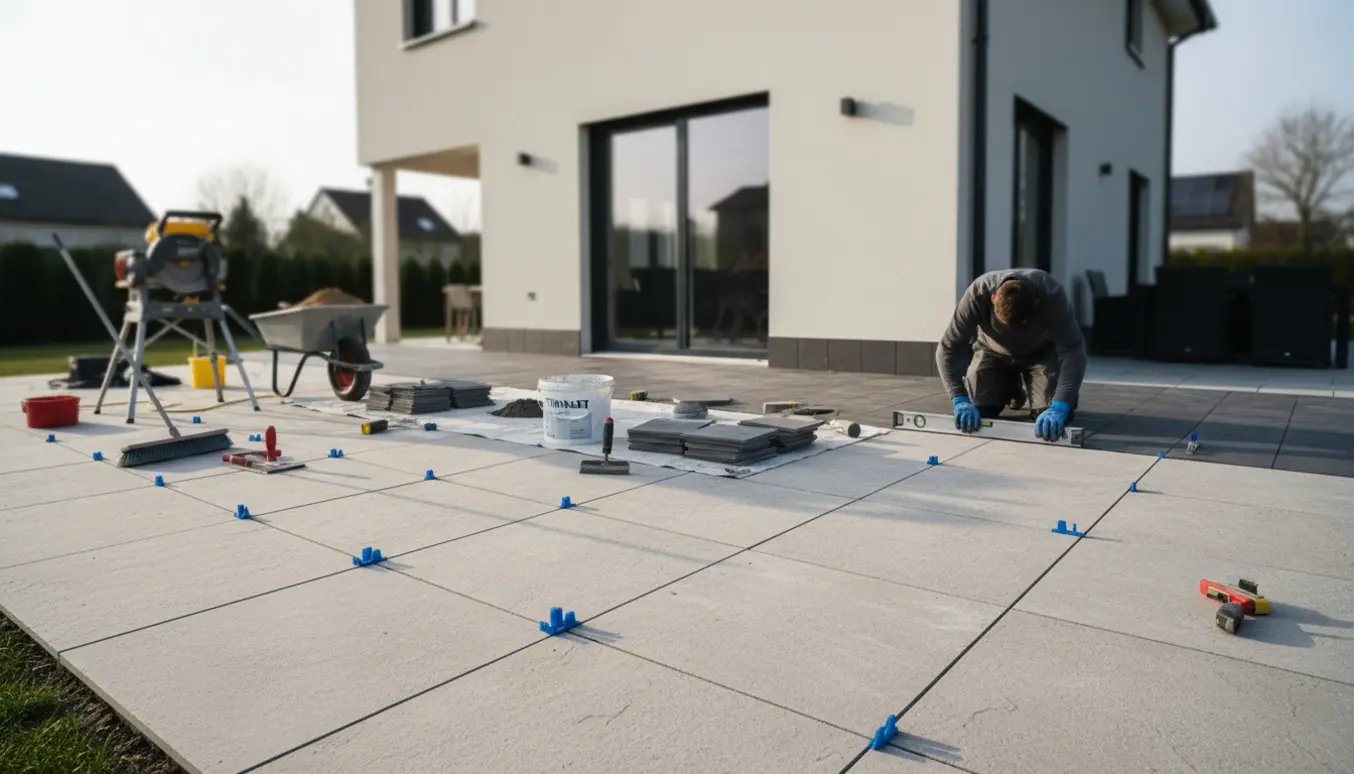 Udeareal med fliselægning: store fliser på terrasse og mindre fliser rundt om huset med værktøj i baggrunden.