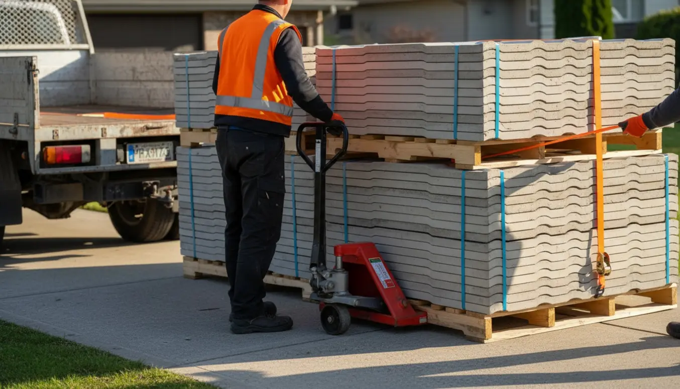 Stakke af asbestfri B6 tagplader på paller ved en lastbil, klar til afhentning.