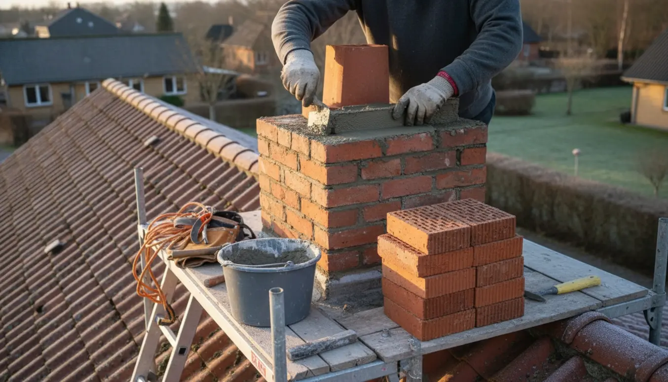 Hænder med handsker lægger mørtel på en skorsten på et etplans hus i frostklare morgentimer.