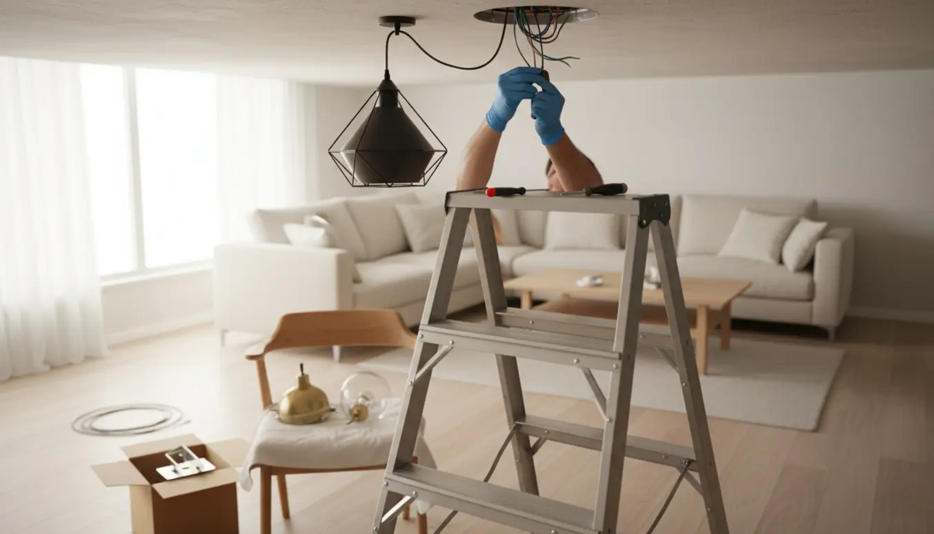 Nogen hænger en ny loftslampe op, mens to gamle lamper ligger ved siden af.