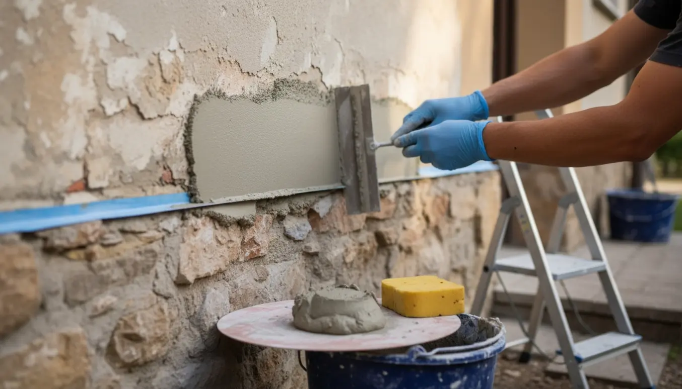 Nærbillede af hænder der pudser en frisk grå sokkel med murske og pudsebræt ved husets fundament.