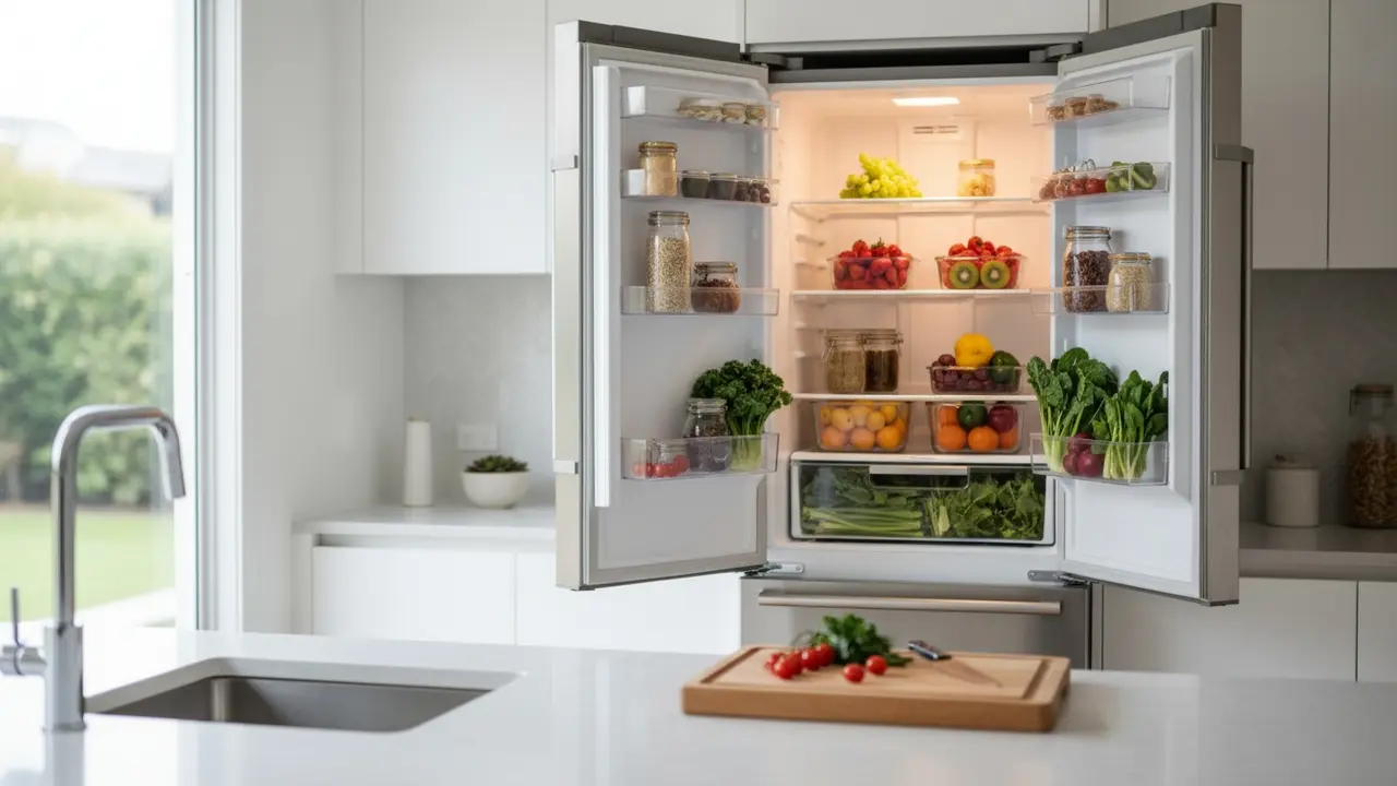 Moderne køkken med åbent køleskab og organiserede friske madvarer