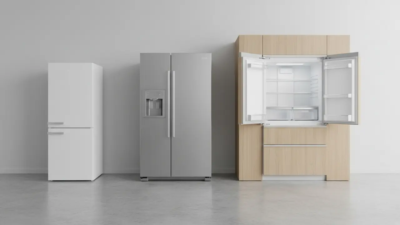 Tre forskellige køleskabstyper side om side: kombi, side-by-side og indbygget model