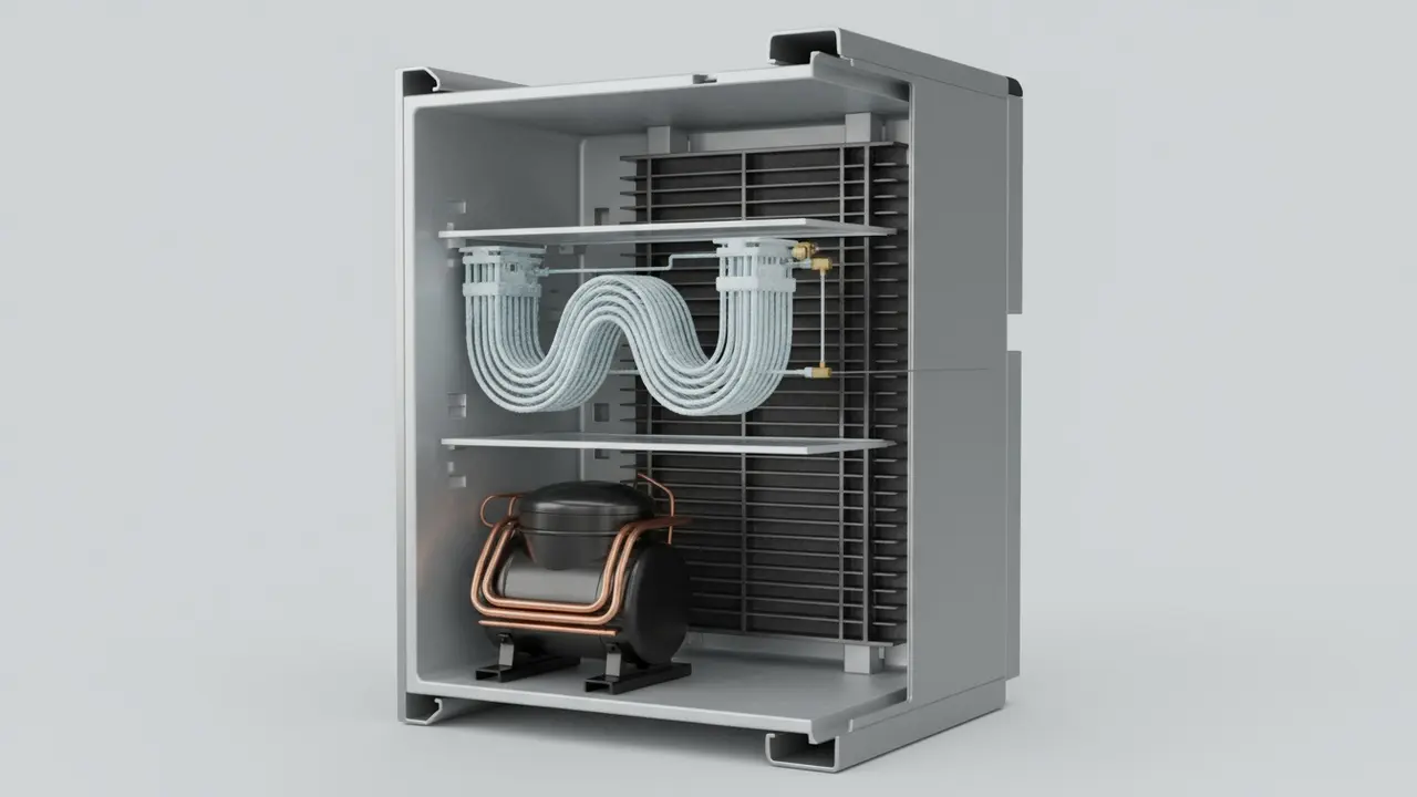 Tværsnit af køleskab der viser kompressor, fordamper, kondensator og ventil visuelt