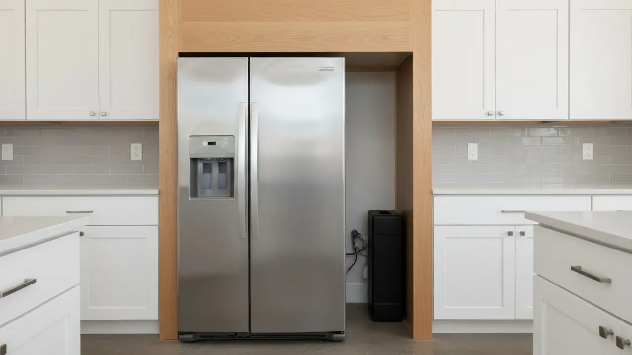 Køleskab under installation med synlig plads bagved og ovenover og målebånd