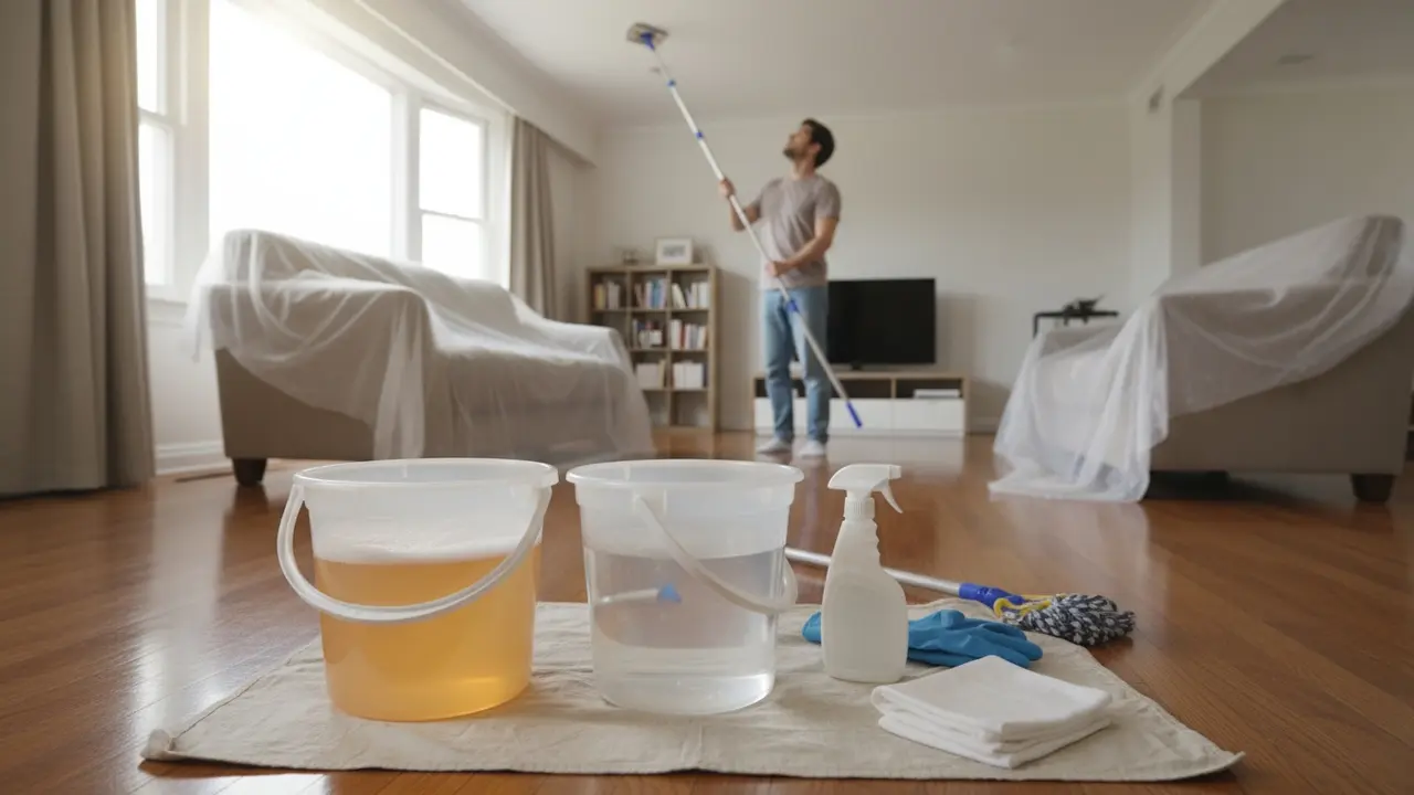 Oversigtsbillede af forberedt rum med spande, moppe og klude klar til loftvask