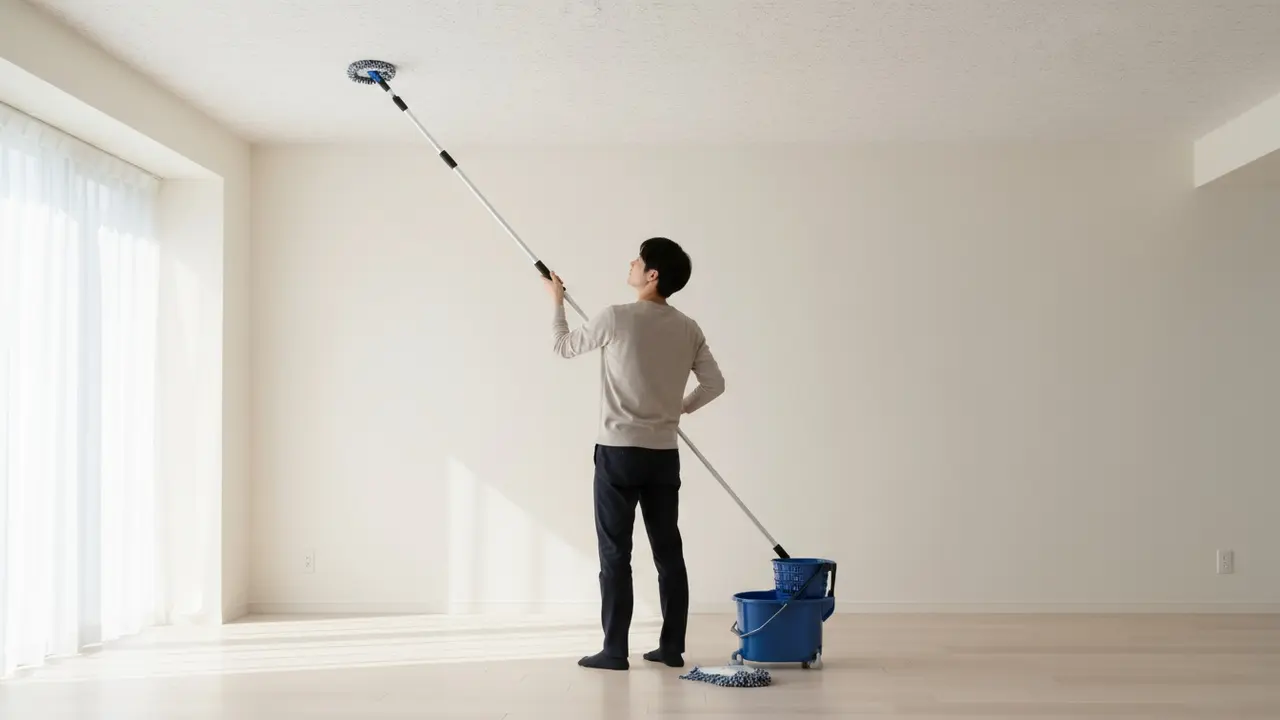 Person bruger teleskopmoppe til at vaske loft, korrekt arbejdsstilling og spand ved siden af