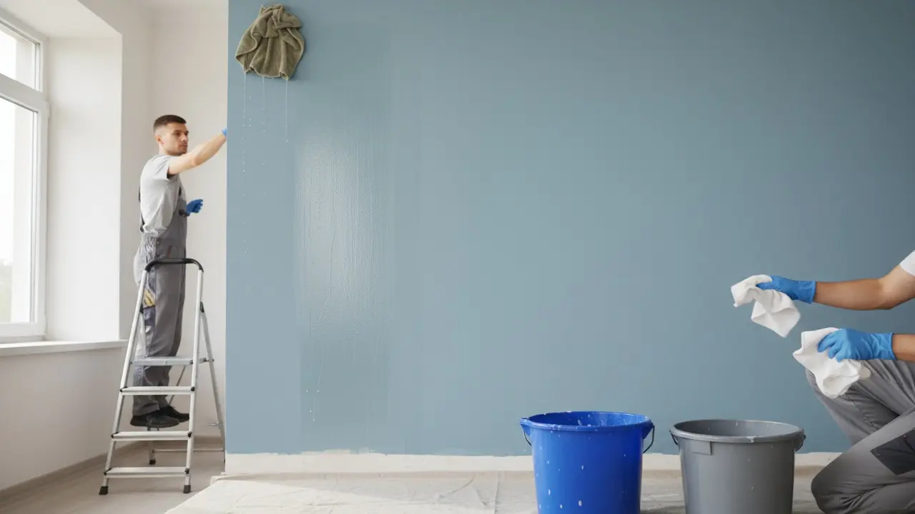 Viser vask fra top til bund med to-spand system og eftertørring for at undgå striber