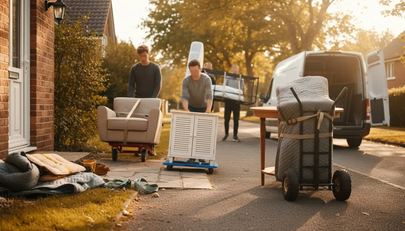 To personer flytter sofa, skrivebord, spisebord, seng og skoskab langs en boligvej med sækkevogn og møbelhund.