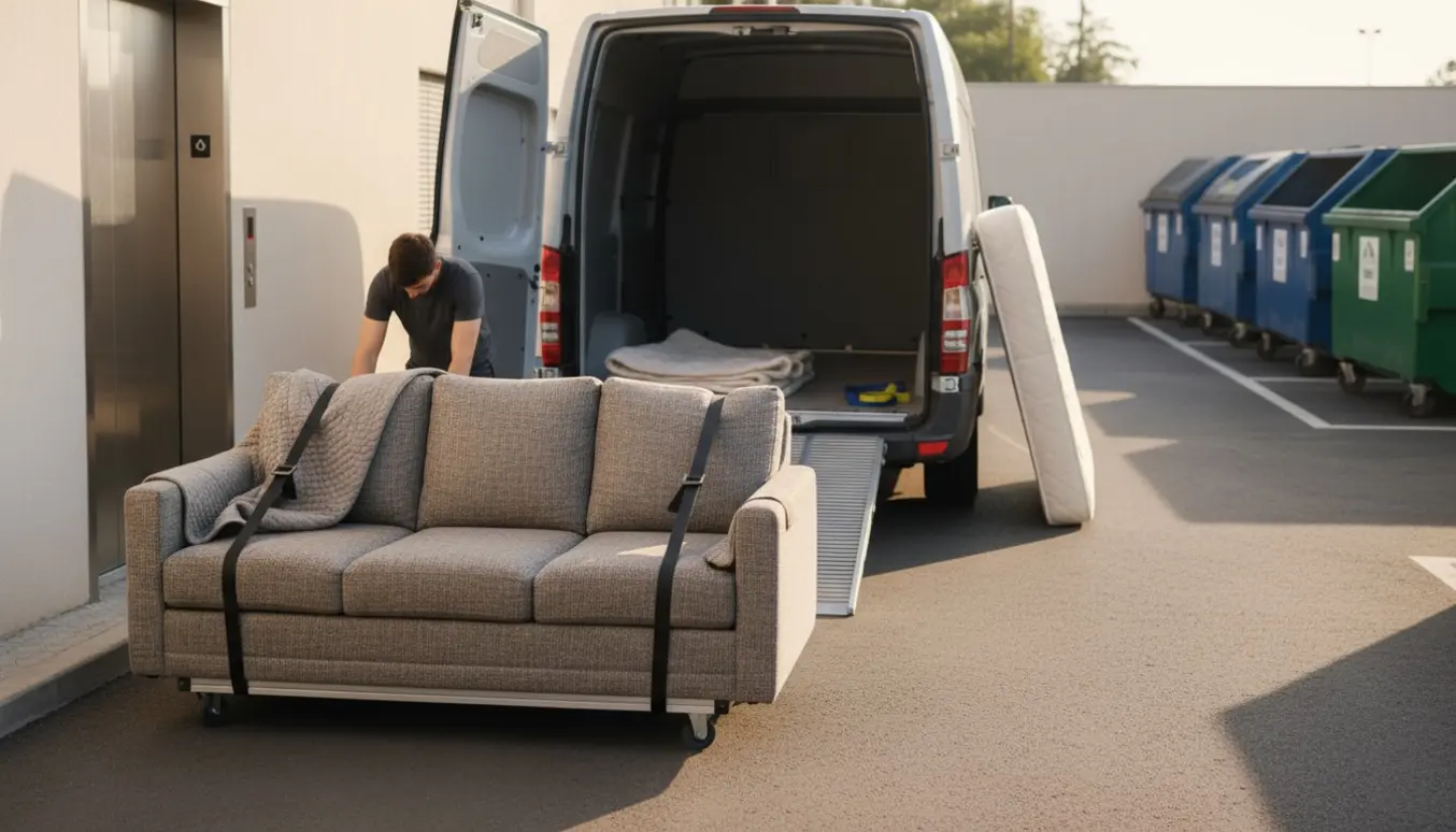 En trepersoners sofa og en dobbeltseng bæres ud fra en lejlighed og læsses i en varevogn ved en genbrugsstation.