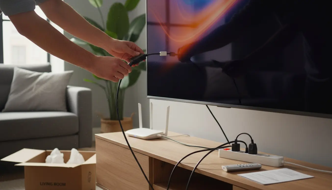 Hænder tilslutter kabel- og HDMI-ledninger til en kabelboks foran et fladskærms-tv i en ny stue.