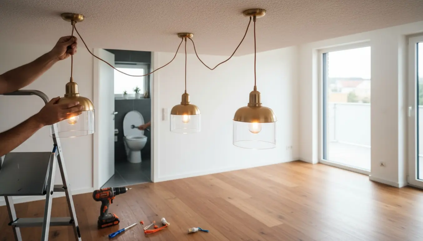 Hænder monterer loftslamper i en stue, mens et løst toiletbræt ses i badeværelset og bliver efterspændt.