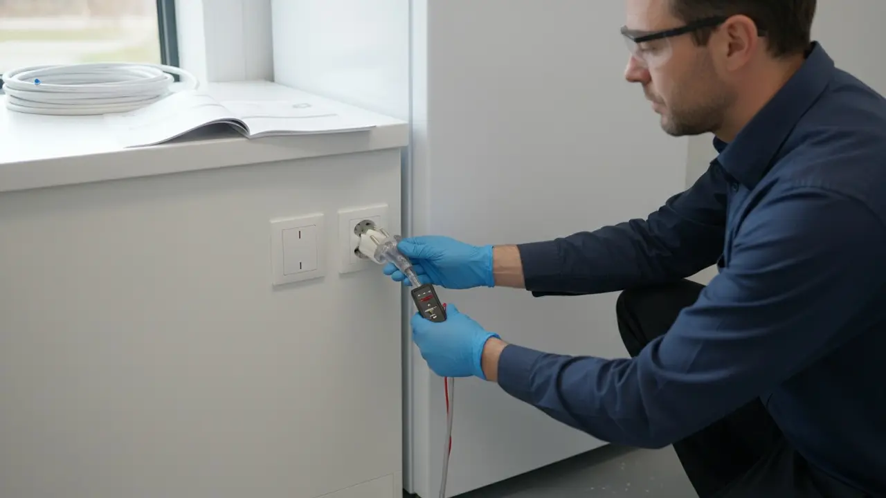 Elektriker tilslutter fryser via jordforbundet stik og bruger stikkontakttester.