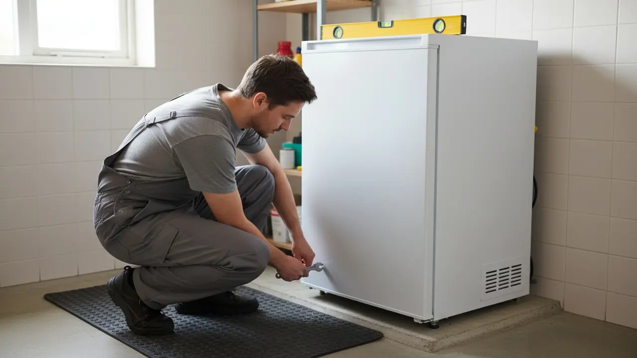 Person retter fryser med vaterpas og justerer fødder, vist luftspalte bag og under.