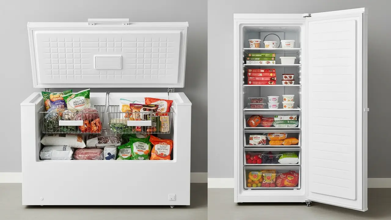 Sammenligning af åben kummefryser til venstre og skabsfryser med hylder til højre.