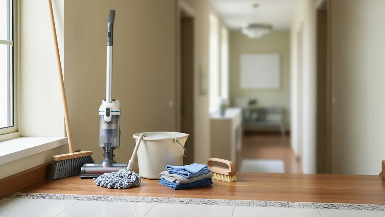 Udvalgte rengøringsredskaber til trappevask lagt klar på en trappe