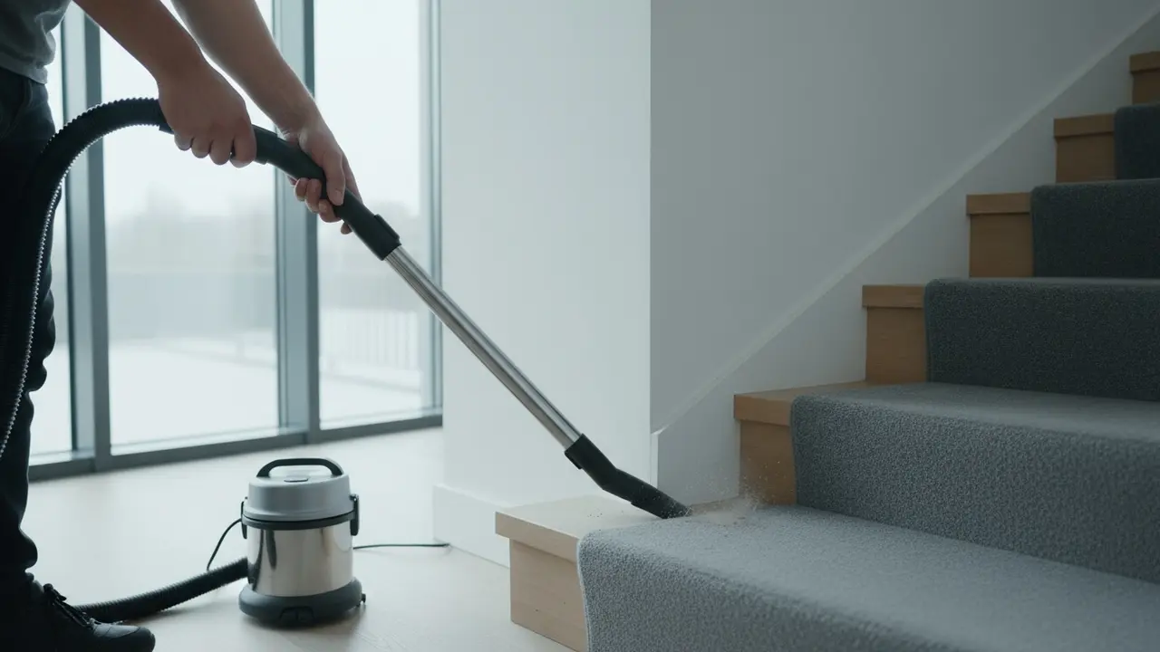 Støvsugning af trappens kant med smalt mundstykke for at fjerne støv