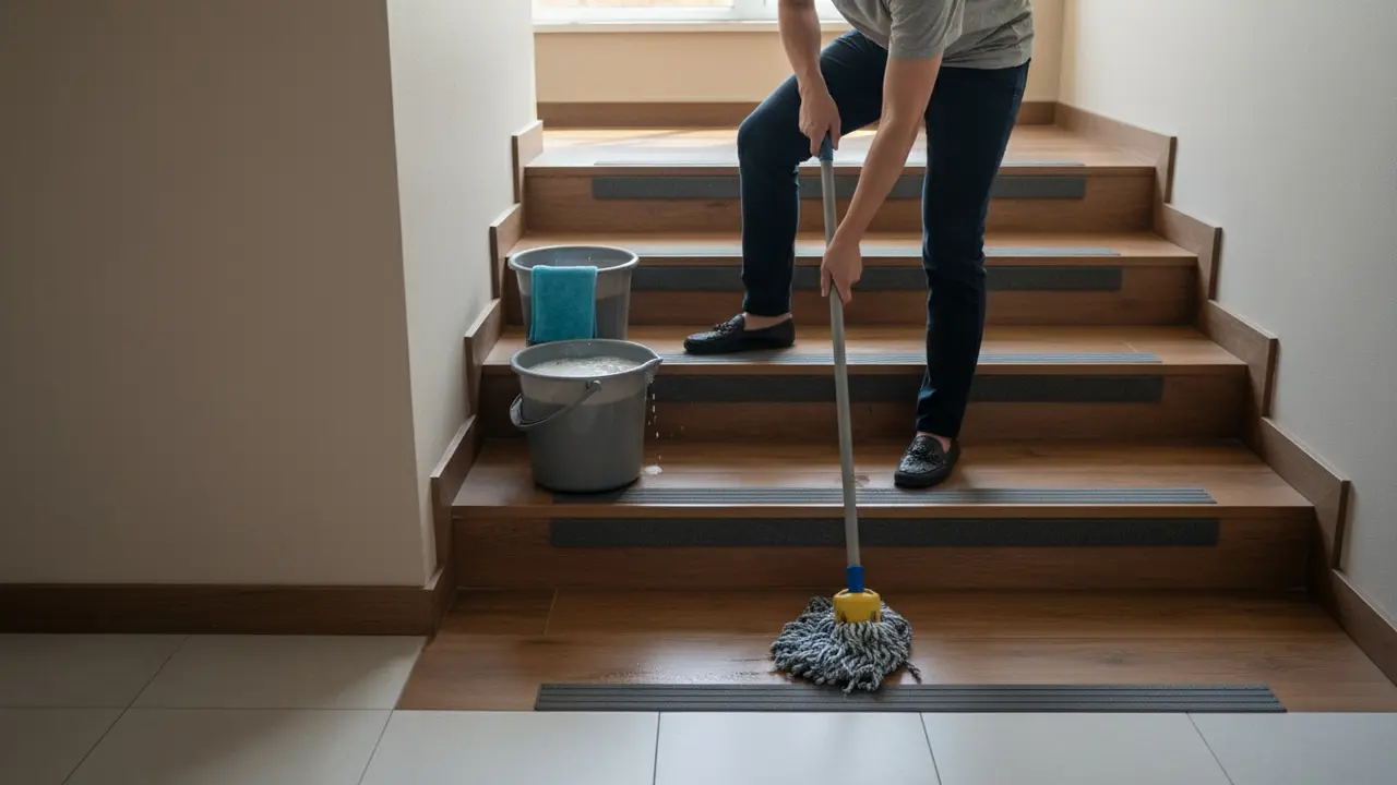 Person vrider moppe og vasker trappen fra toppen mod bunden med godt opvredet moppe