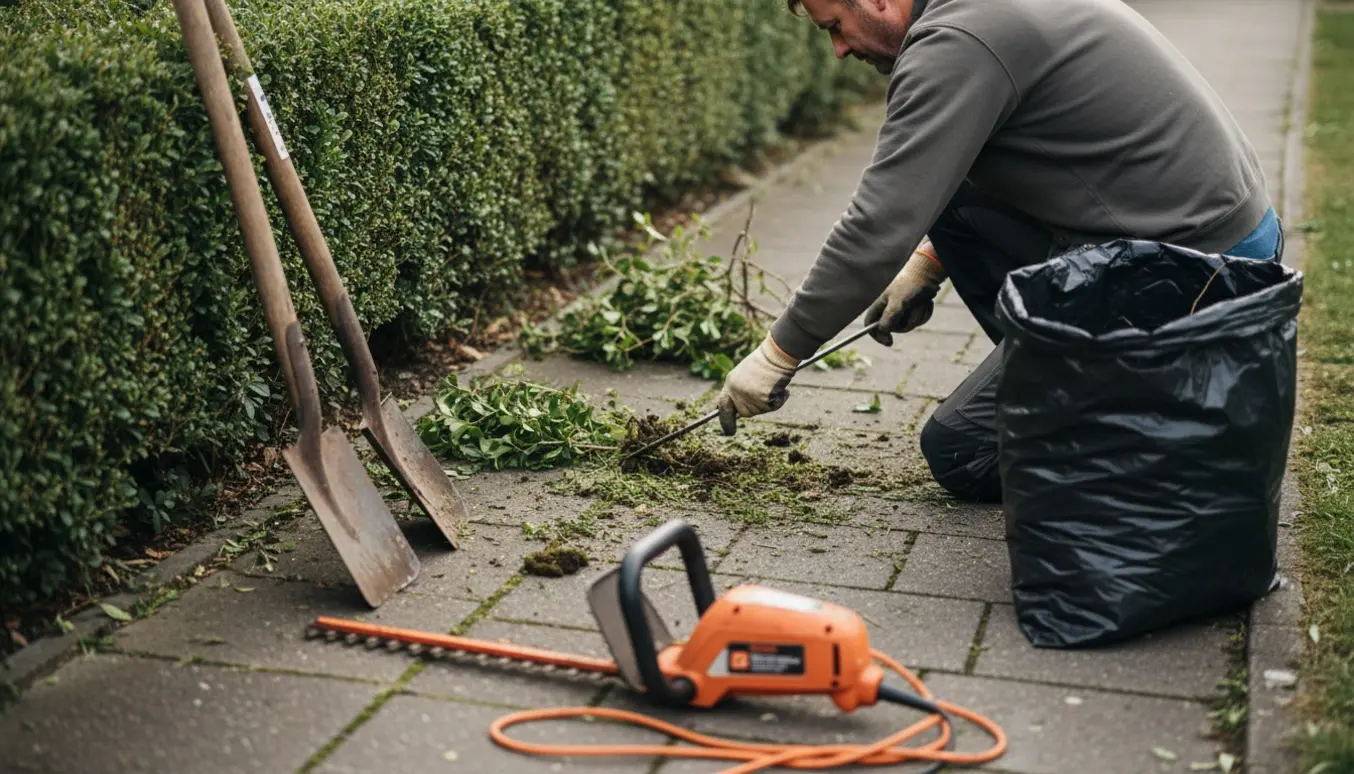 Hækkeklipning ved fortovet og fjernelse af ukrudt mellem fliserne med el-klipper, skovl og affaldssæk.
