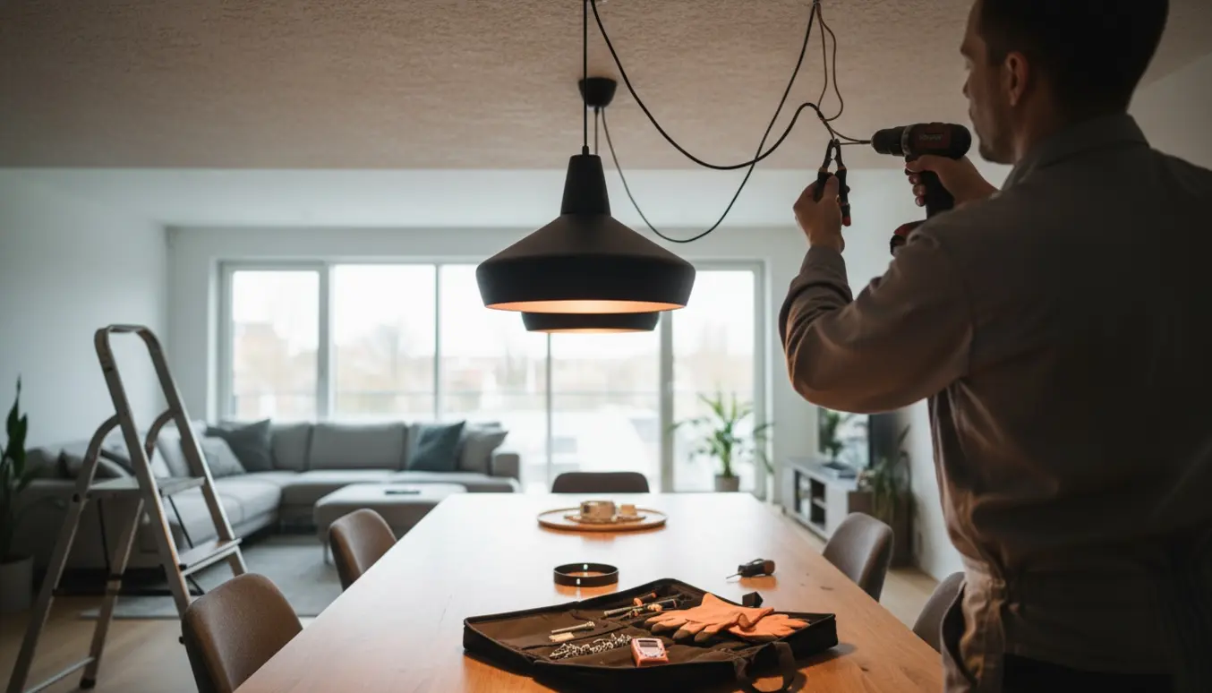 En hånd monterer to loftslamper i en moderne stue med værktøj og stige i baggrunden.