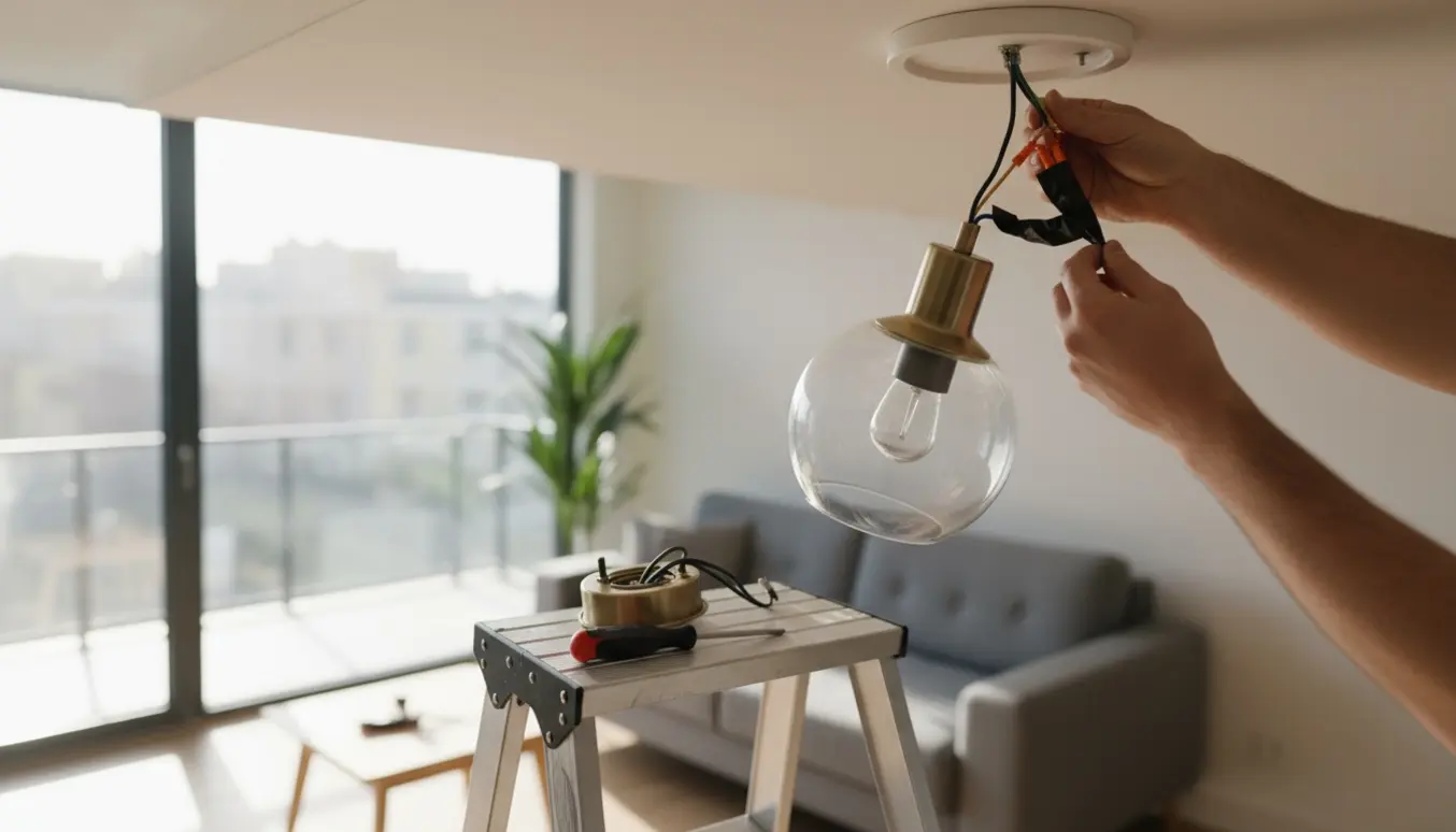 Hænder på en stige hænger en ny loftslampe op i en stue med værktøj på et bord.